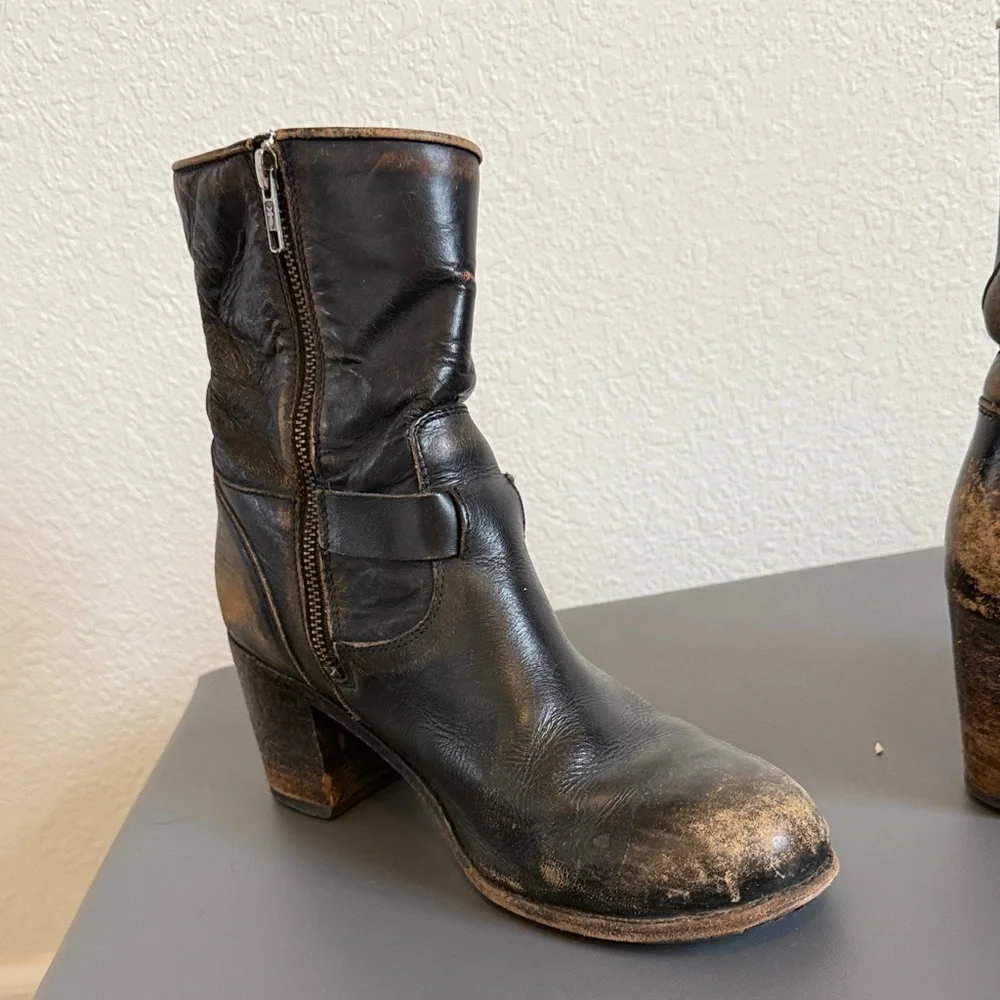 Frye Distressed Black Leather Mid Calf Boots with Buckle Detail - Picture 9 of 16